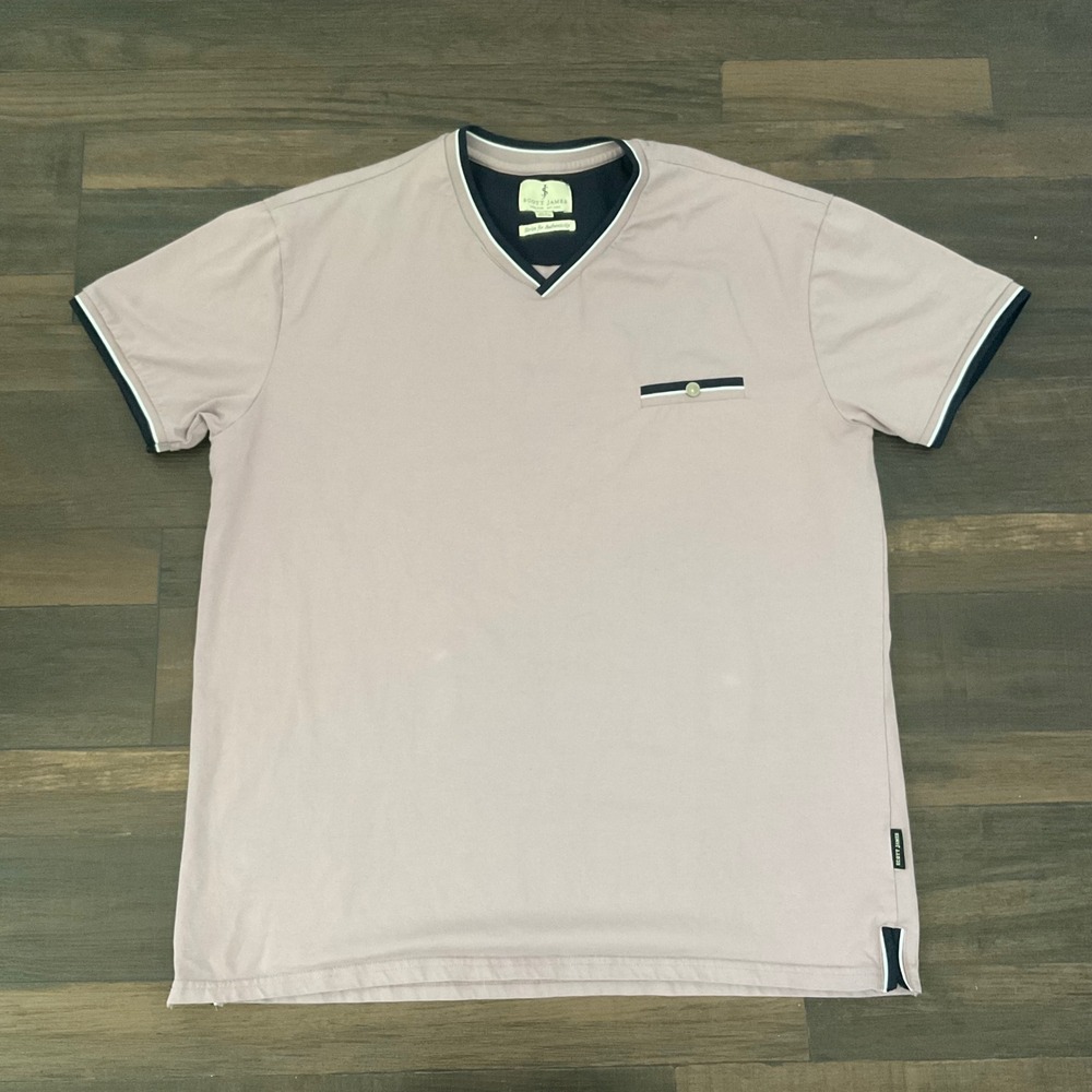 Scott James V-Neck Shirt Mauve Pink Tipped Trim Faux Pocket XL